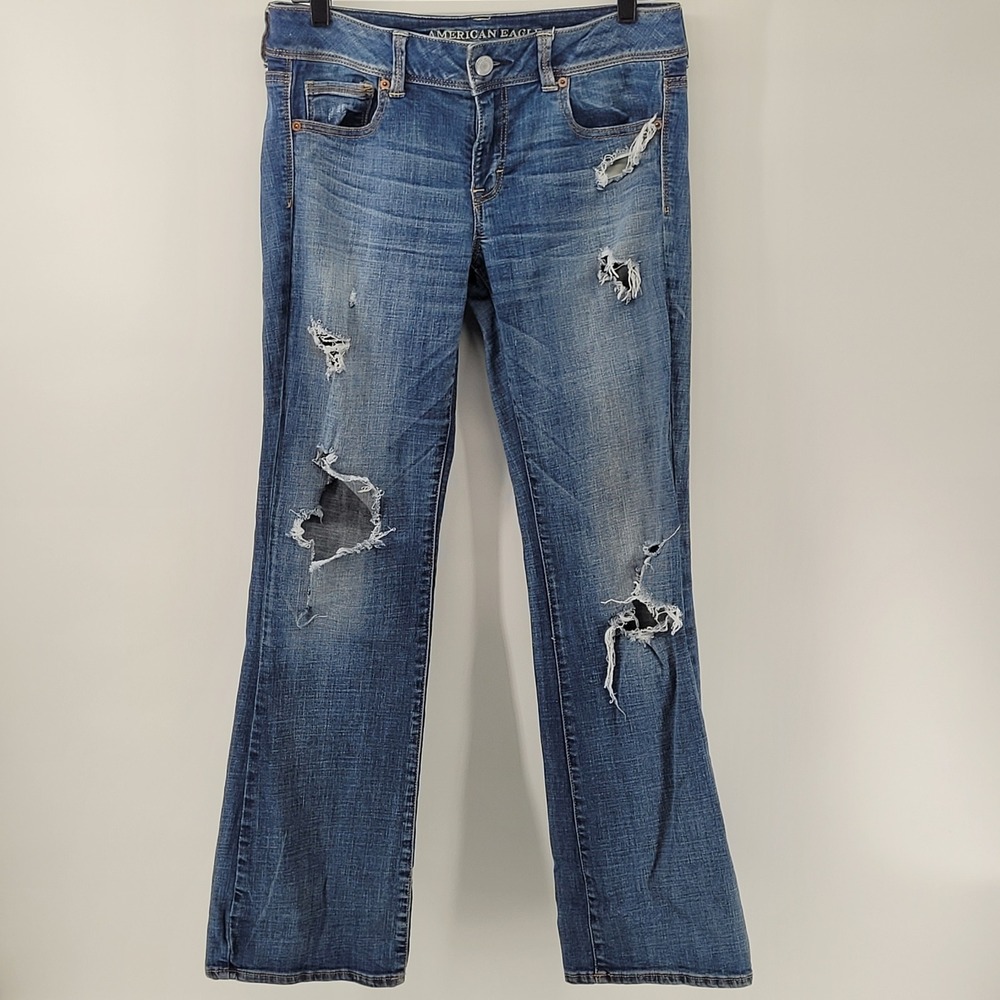 American Eagle Kick Boot Jeans Womens 10 Blue Distressed Super Stretch‎ Denim